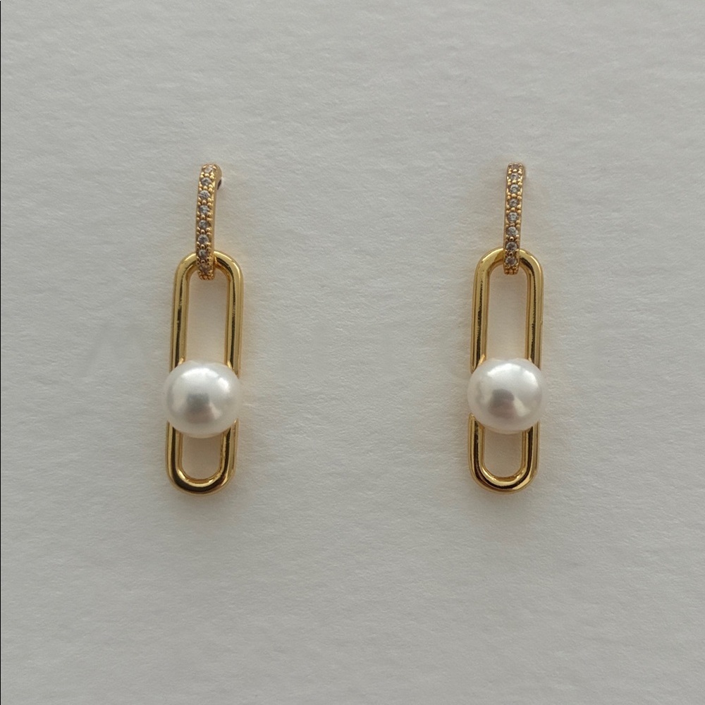 Real Pearl Paperclip Earrings|Gold Earrings|Real Pearl Earrings